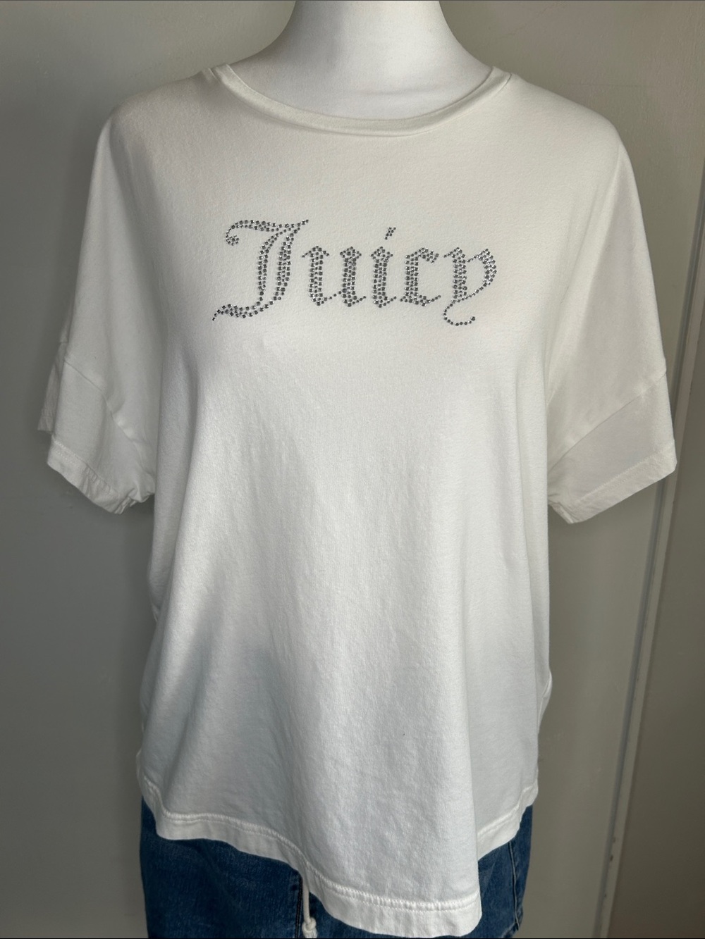Juicy Couture Oversized White Graphic Rhinestone Logo Short Sleeve Tee